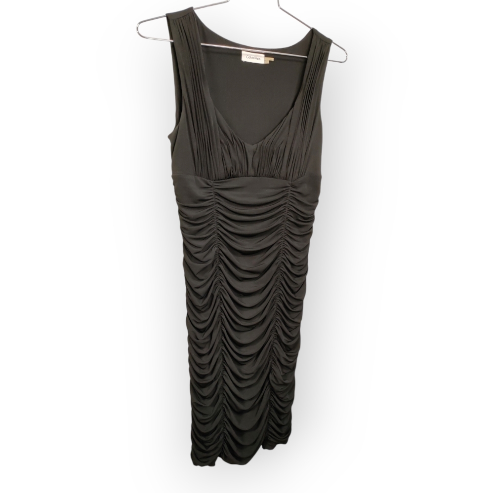 Calvin Klein black dress women's roosh sleeveless v-neck ruffle